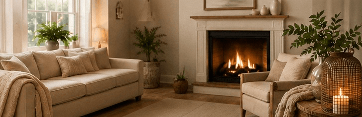 Warm, editorial home staging with candles and natural textures.