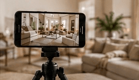 Filming a staged living room for social media marketing.