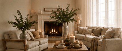 Professionally staged living room with neutral decor, candles, and natural textures.