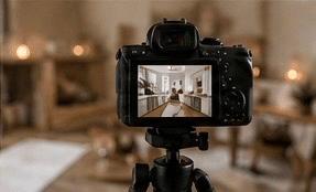 Professional camera filming a staged home for real estate photography and videography.
