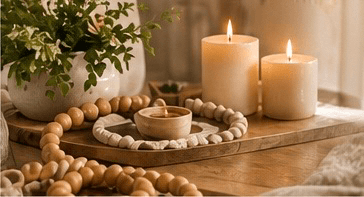 Warm, editorial home staging with candles and natural textures.