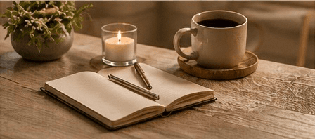 Notebook, pen, candle, and coffee on a table for pricing strategy planning.