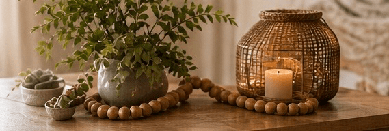 Warm, editorial decor with candle, beads, and greenery.
