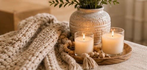 A cozy arrangement of candles, natural textiles, and greenery.