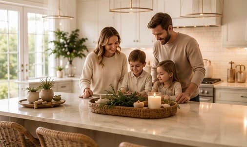 A family gathering together in a bright, welcoming kitchen.