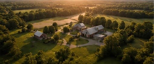 An aerial view of a country property surrounded by fields and trees.