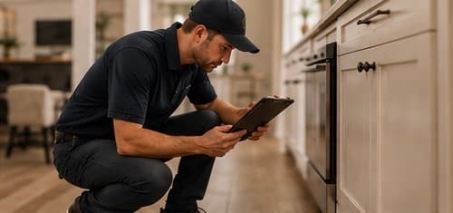 A home inspector documenting details in a kitchen.