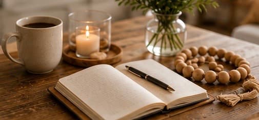 A notebook and pen arranged on a warm wooden table.