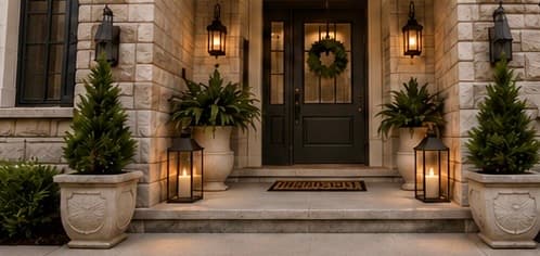 An inviting stone home entrance prepared for a private showing.