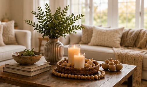 A warmly styled living room with greenery and candles.