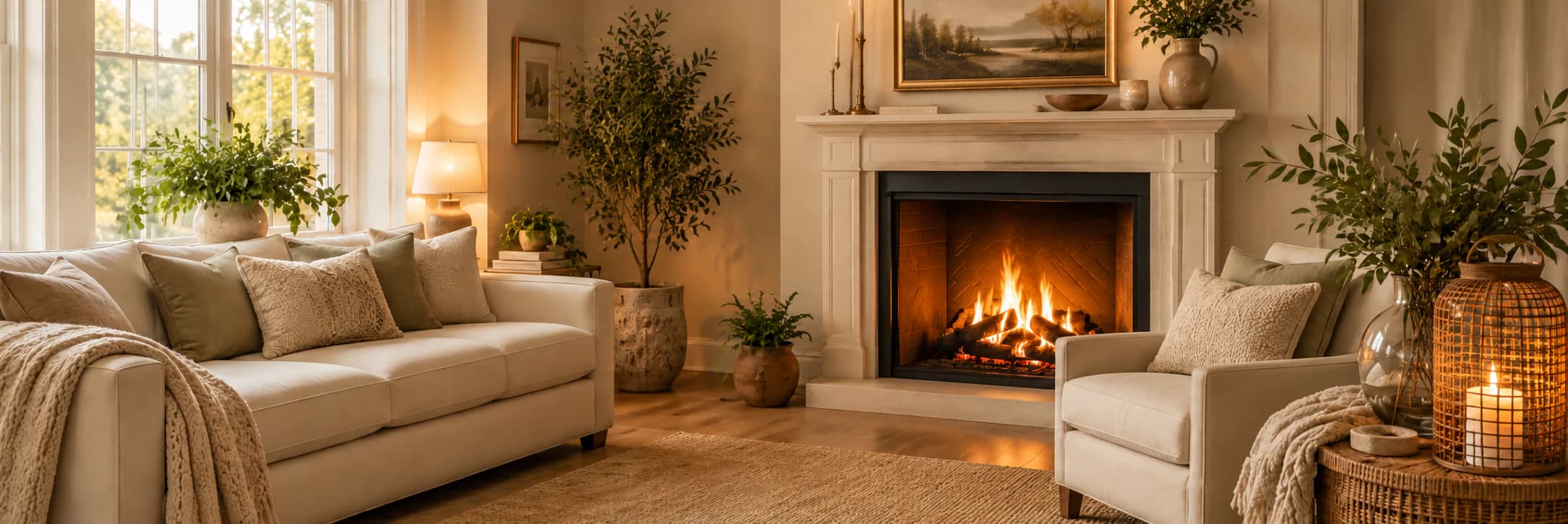 Warm, editorial home staging with candles and natural textures.