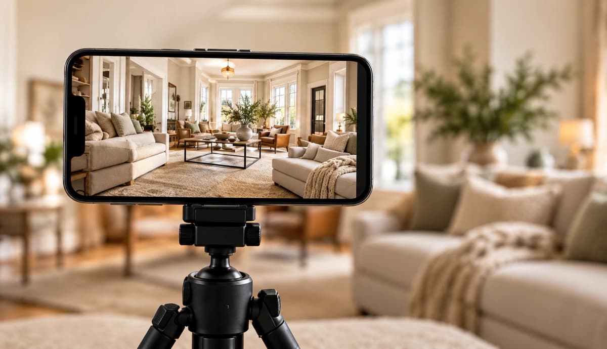 Filming a staged living room for social media marketing.