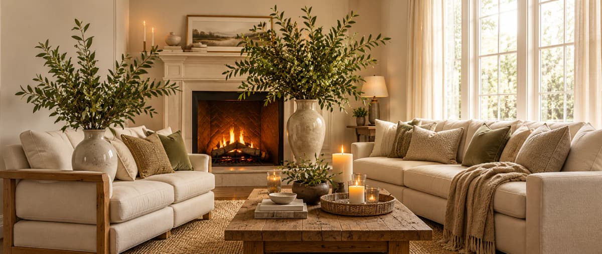 Professionally staged living room with neutral decor, candles, and natural textures.