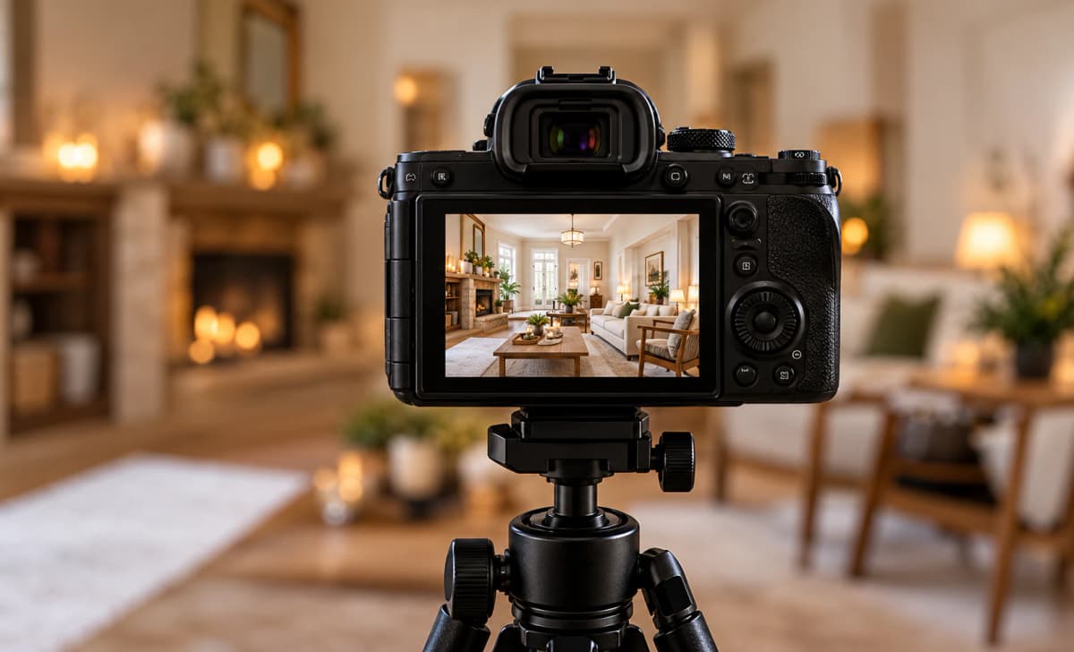 Professional camera filming a staged home for real estate photography and videography.