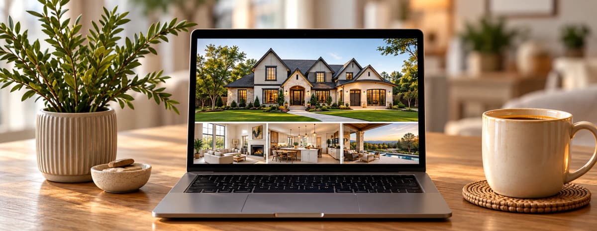 Laptop displaying a real estate listing website, with coffee and plant on a table.