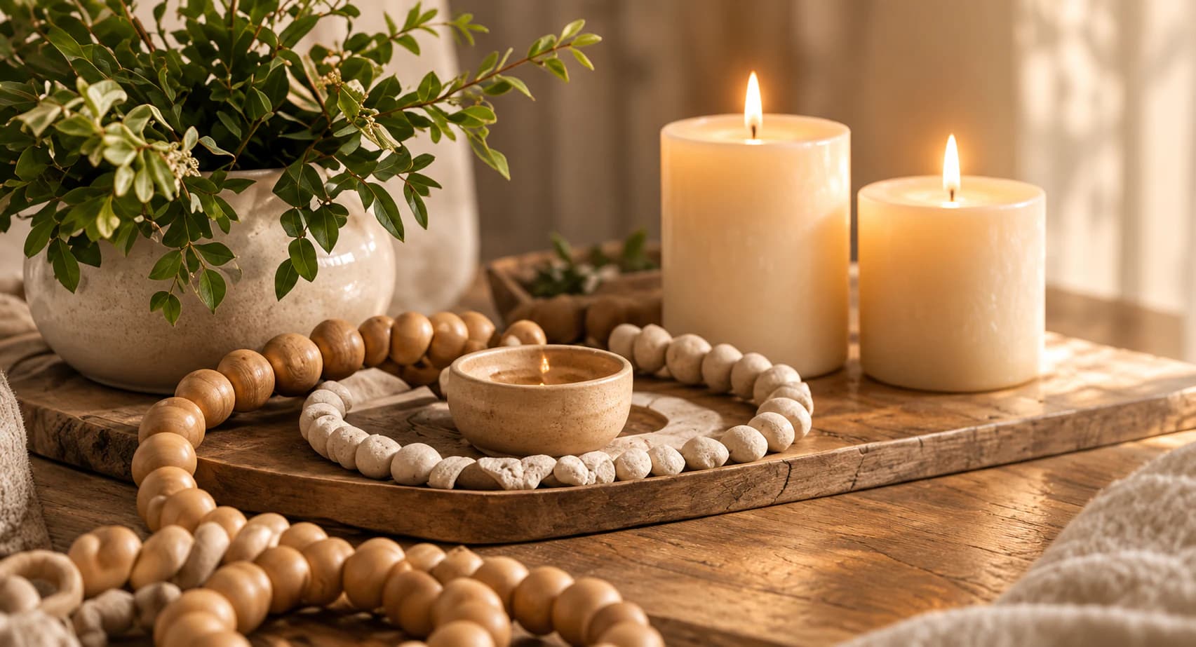 Warm, editorial home staging with candles and natural textures.