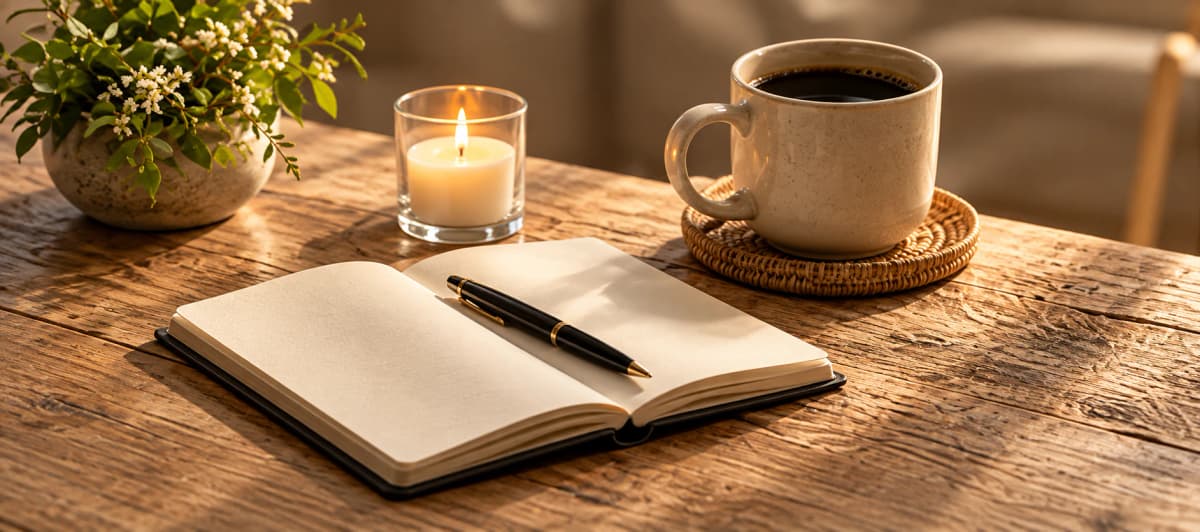 Notebook, pen, candle, and coffee on a table for pricing strategy planning.