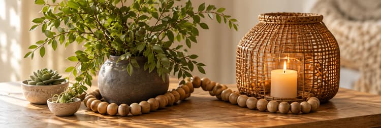 Warm, editorial decor with candle, beads, and greenery.