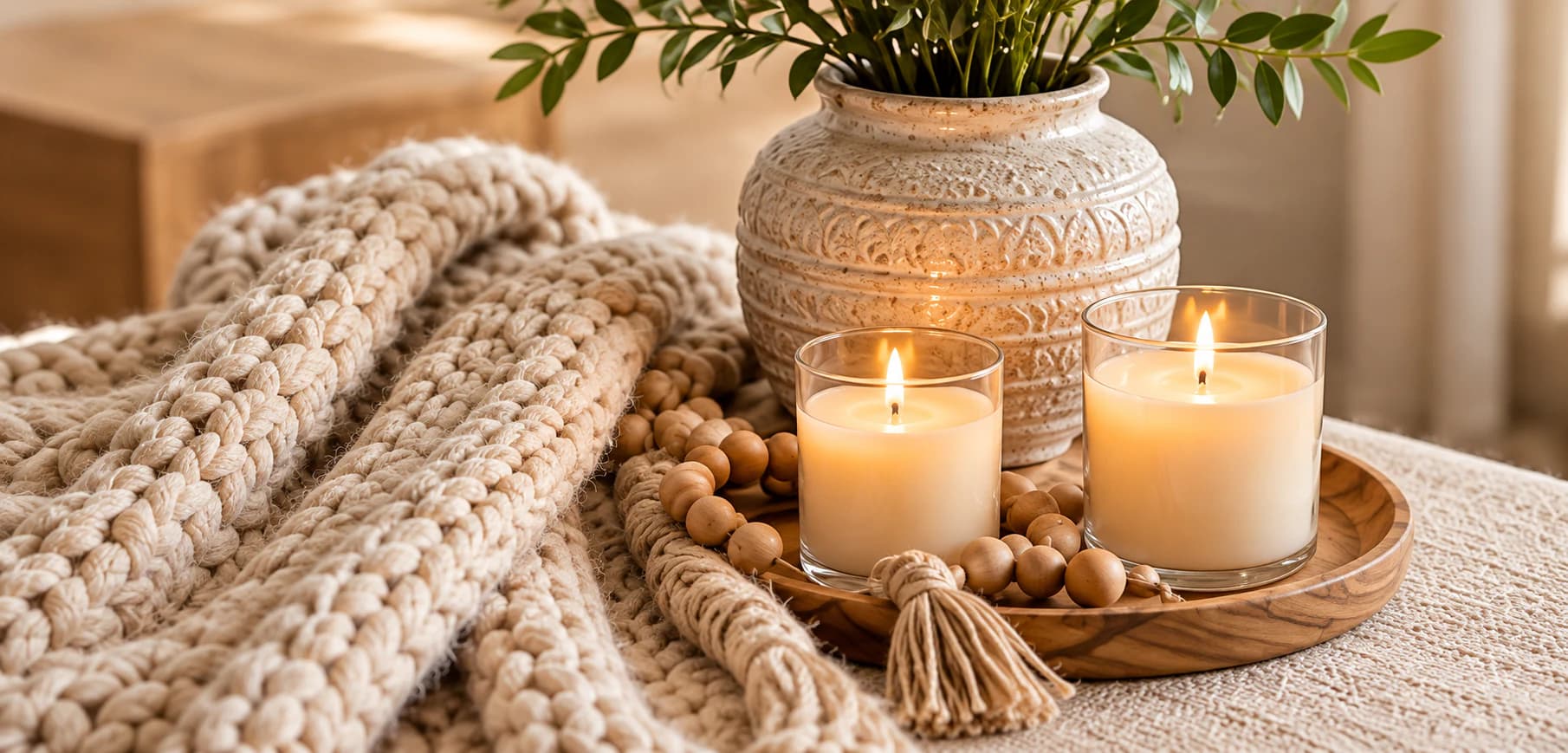 A cozy arrangement of candles, natural textiles, and greenery.