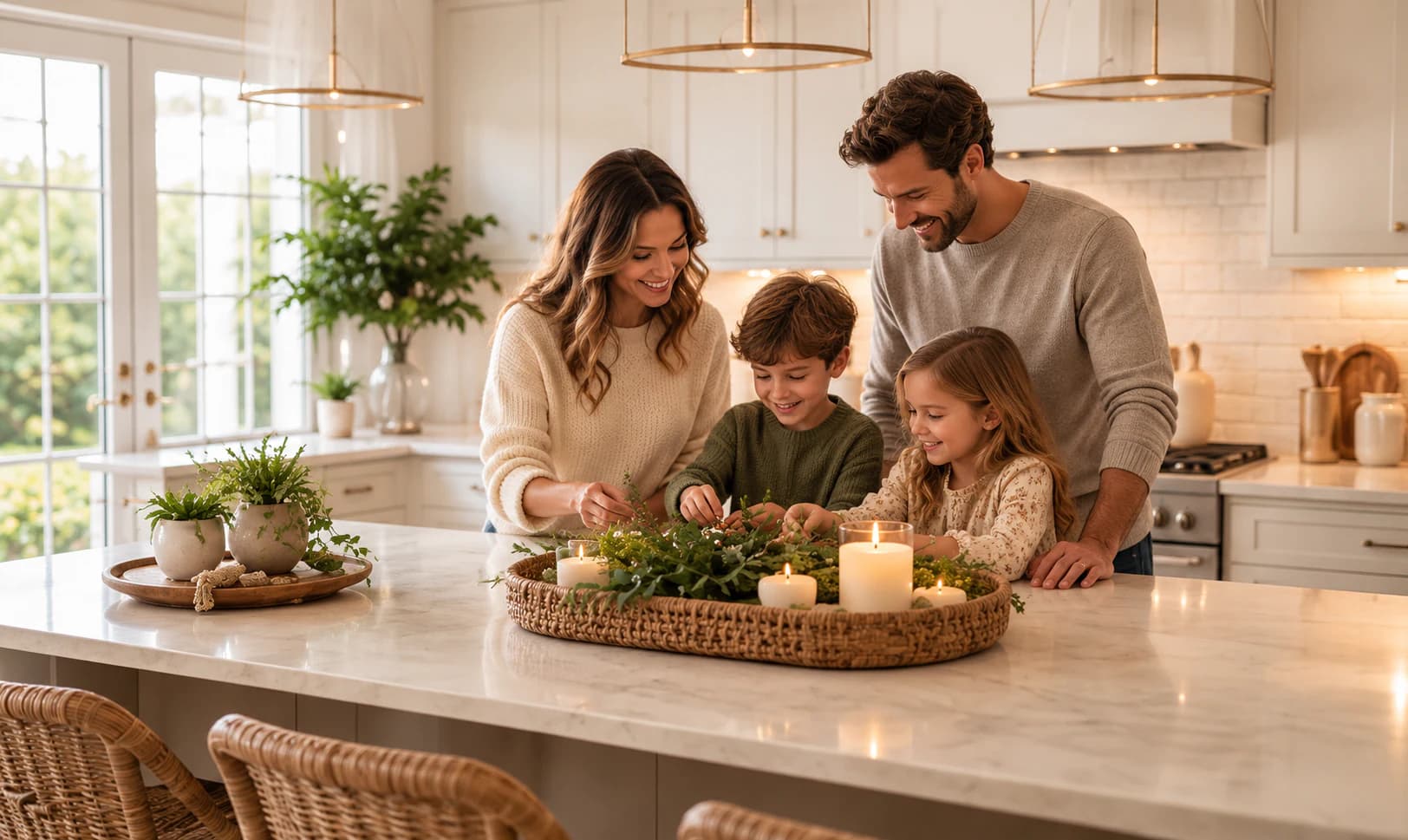 A family gathering together in a bright, welcoming kitchen.