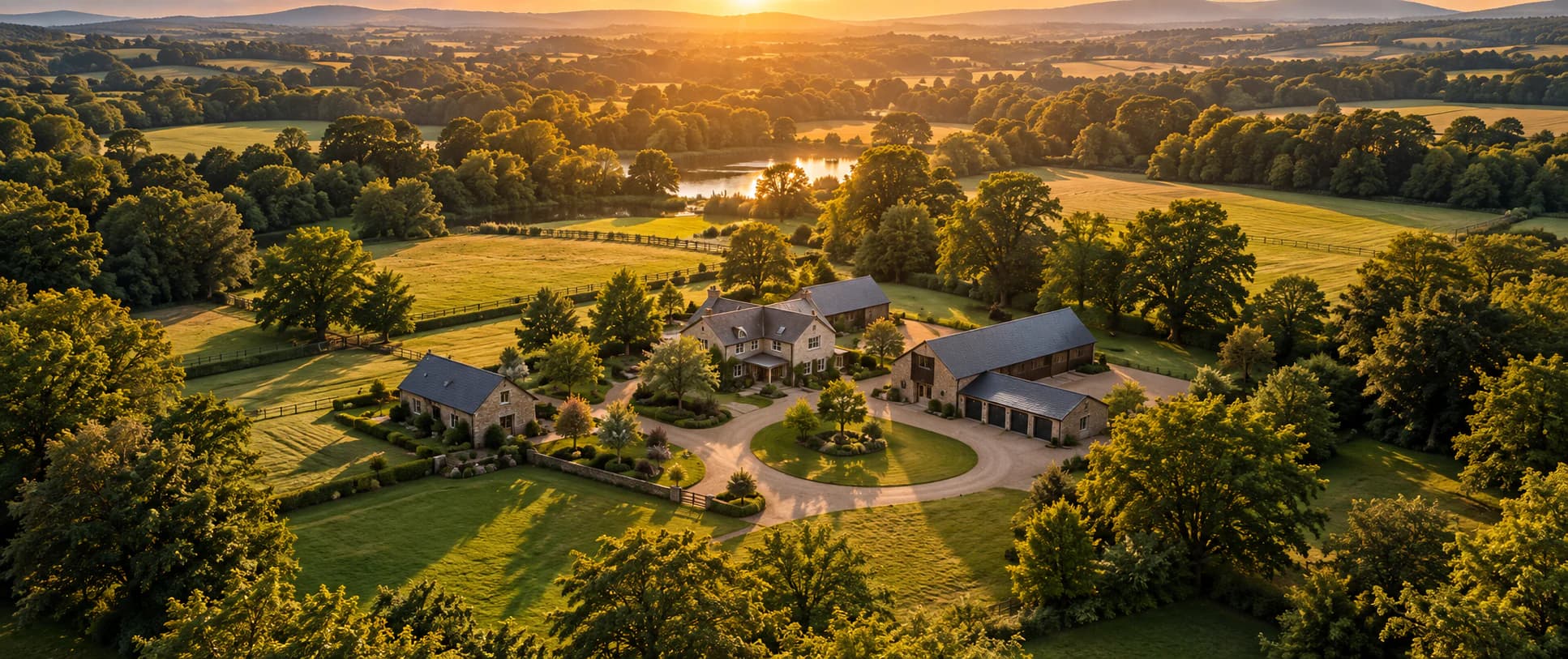 An aerial view of a country property surrounded by fields and trees.