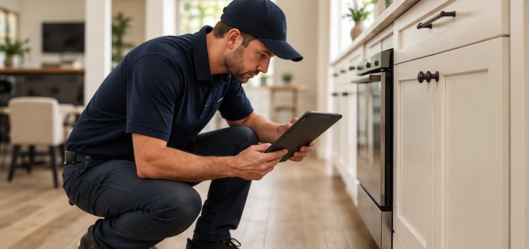 A home inspector documenting details in a kitchen.
