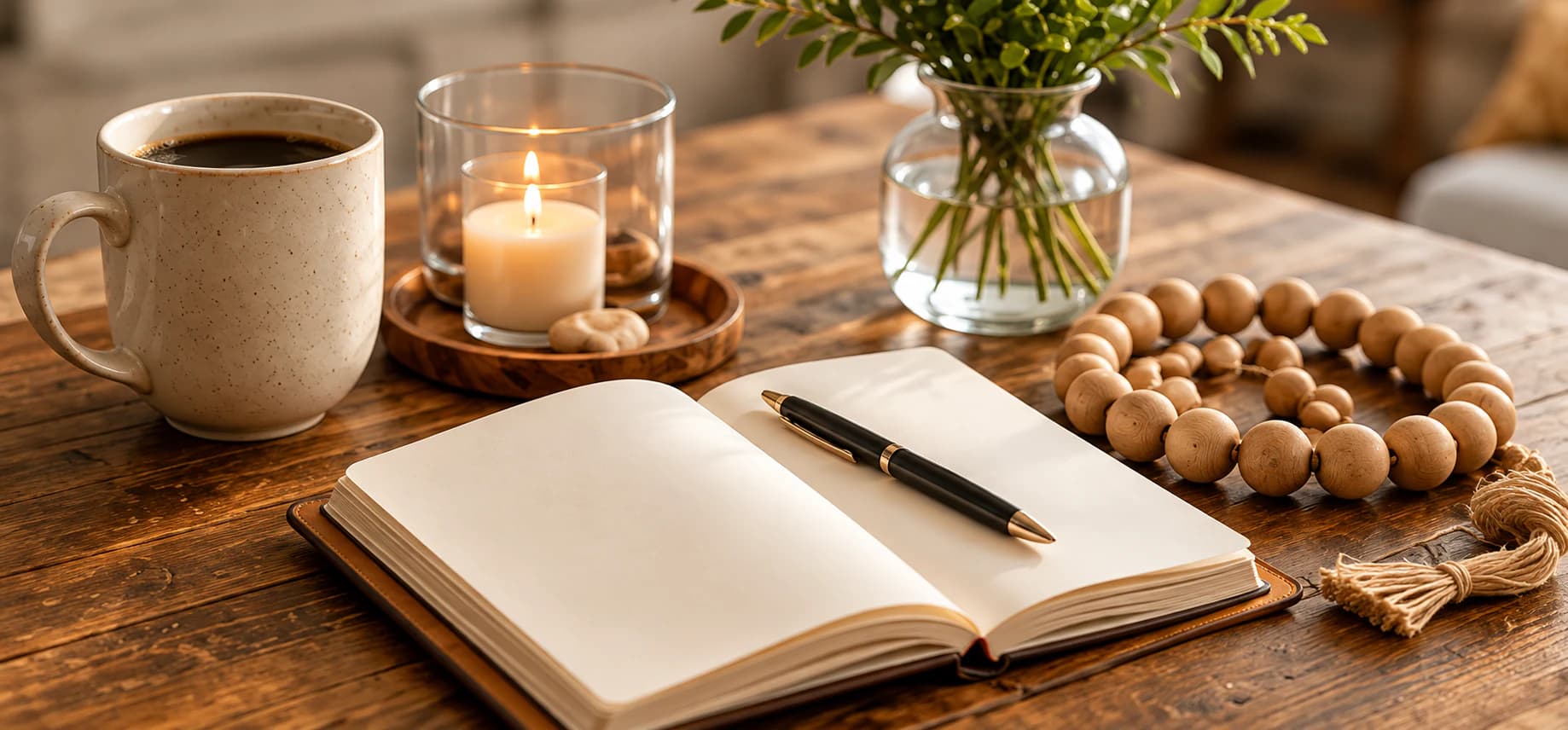A notebook and pen arranged on a warm wooden table.