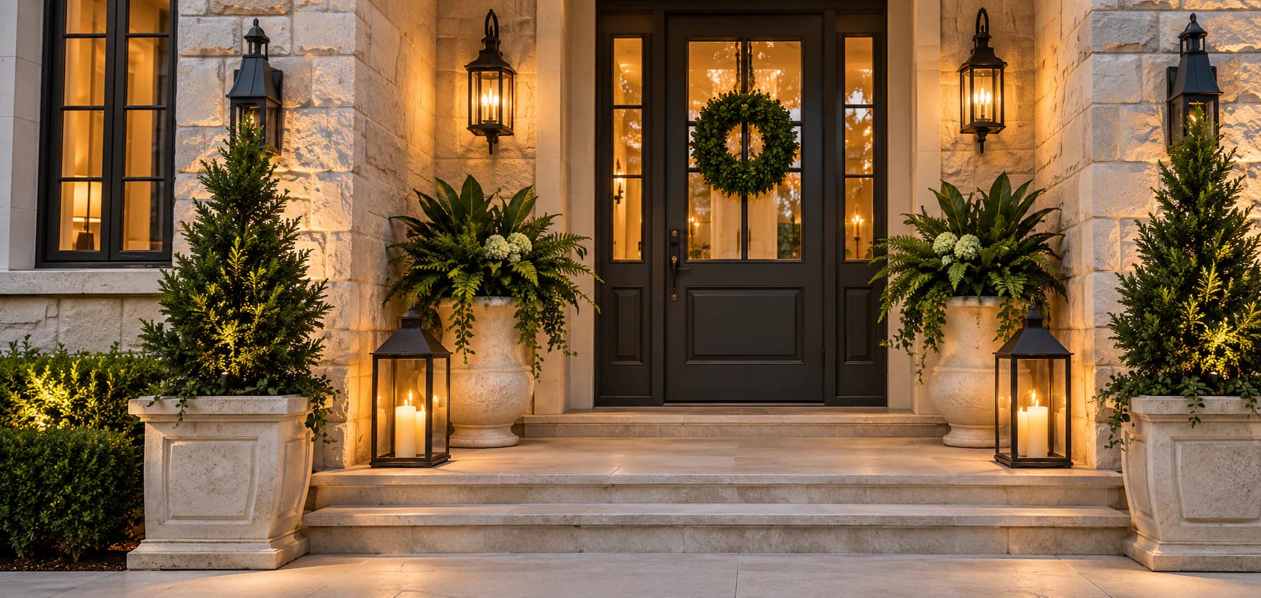An inviting stone home entrance prepared for a private showing.