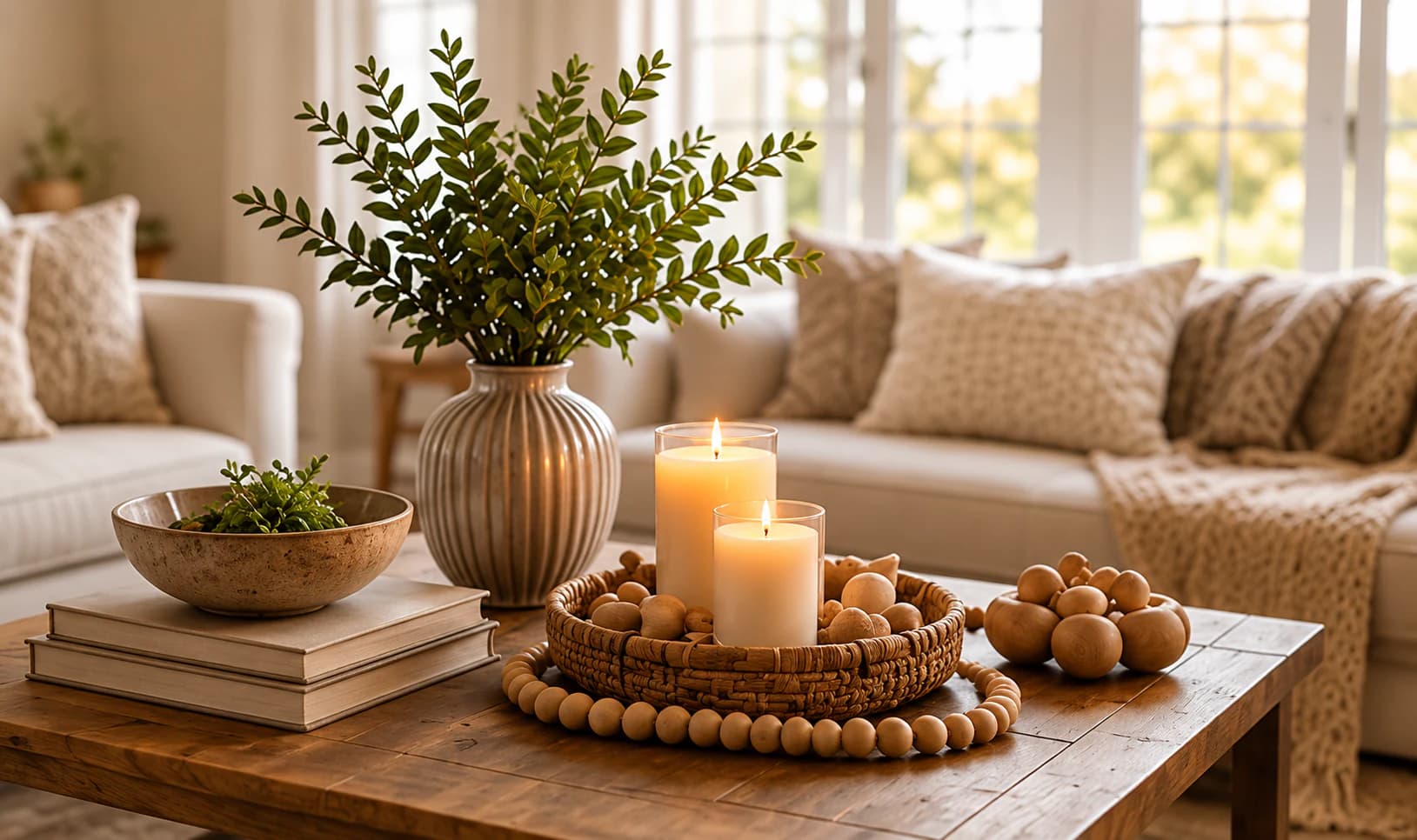 A warmly styled living room with greenery and candles.